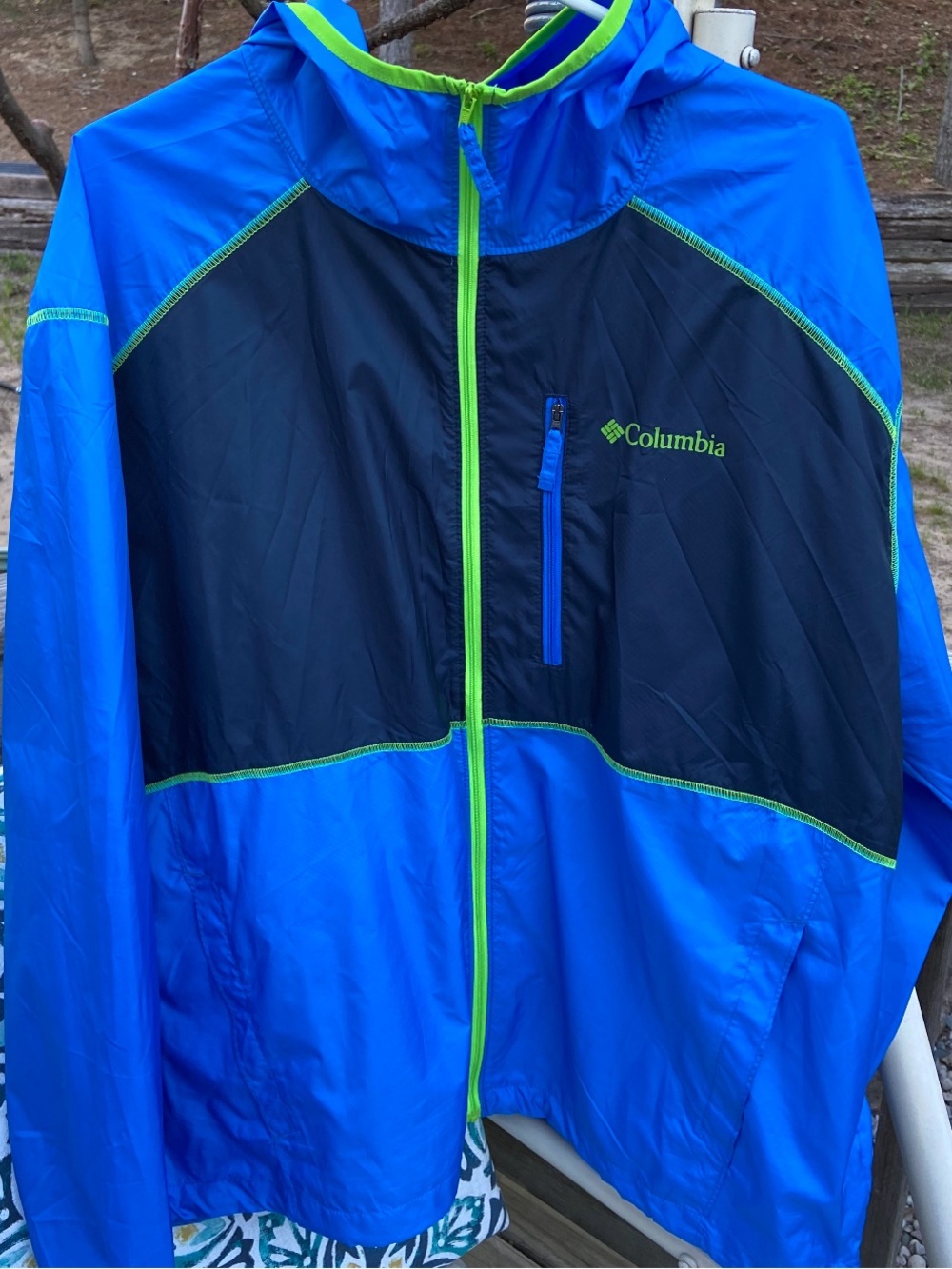 Columbia Bright Blue and Neon Green Hooded Windbreaker